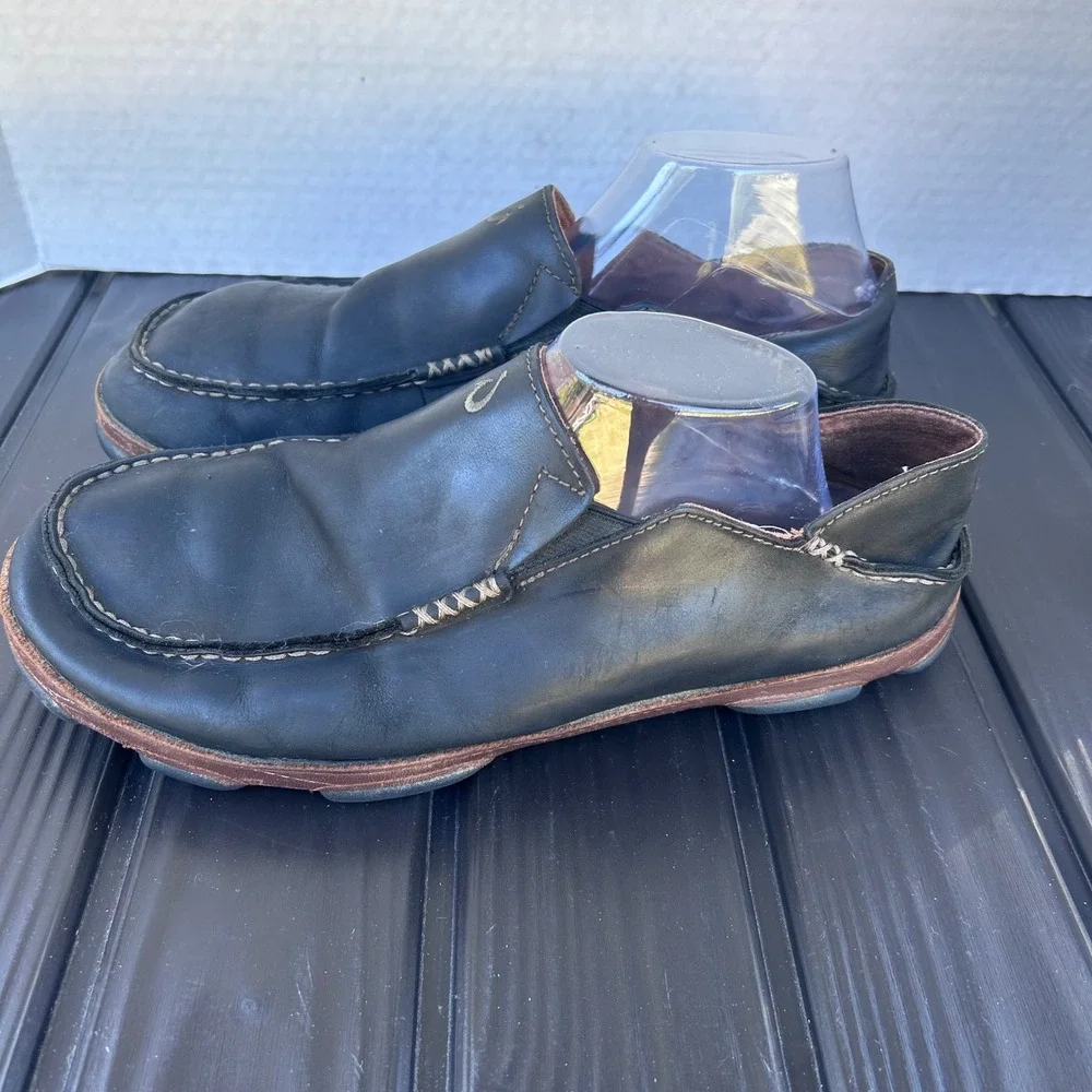 Olukai Moloa‎ Men's Black Leather Loafers Boat Shoes Size 10.5 Slip on's